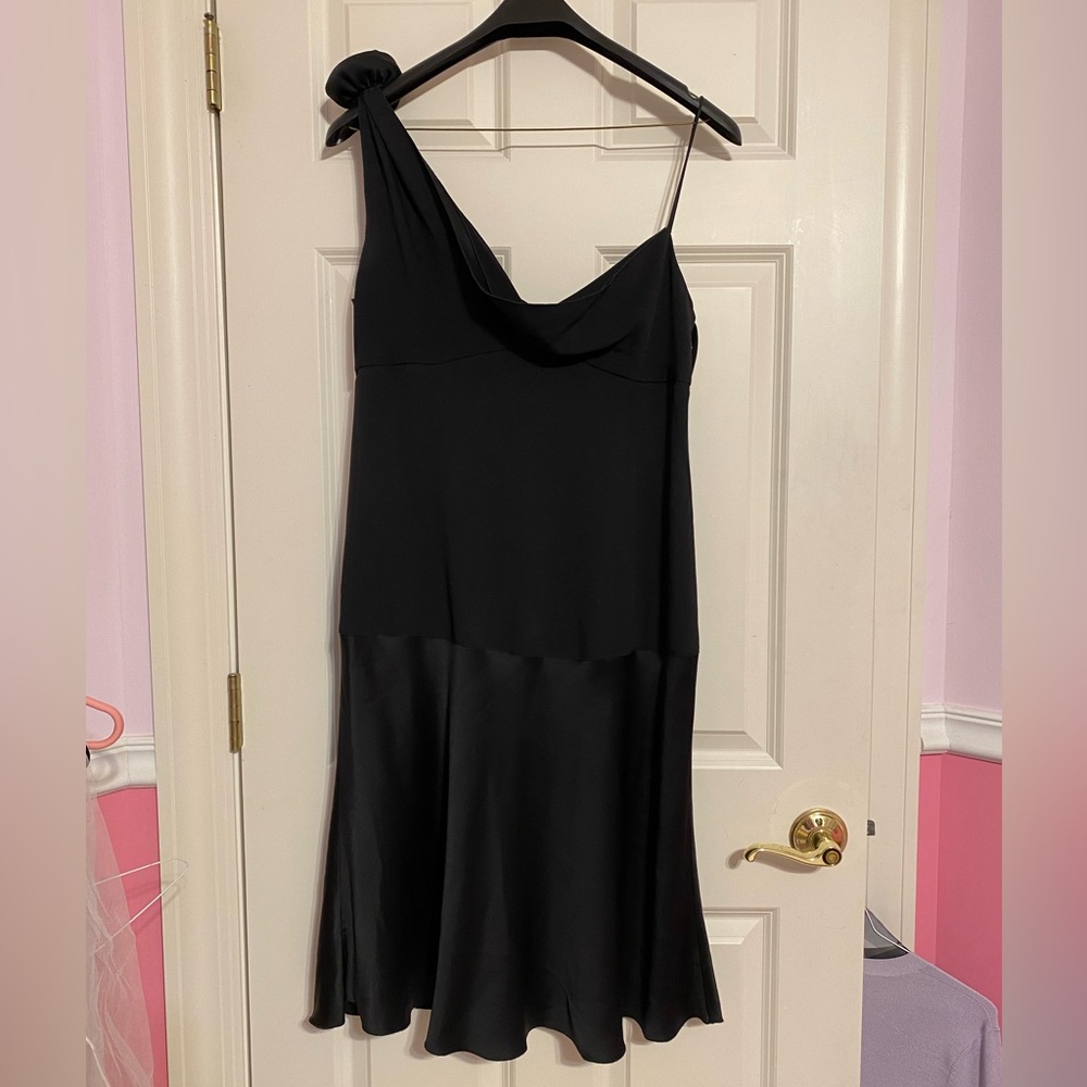 Black satin one-sleeve dress from Armani Collezioni, size 12